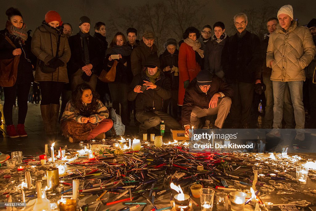 Tribute To Victims Killed During Attack At Satirical Magazine Charlie Hebdo At Place De LA Republique In Paris