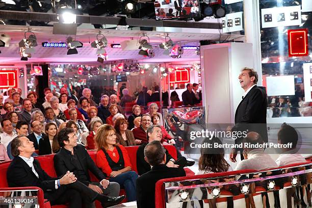 Main guest of the show, humorist Michel Leeb, singer Patrick Bruel, actress Clementine Celarie and Actor Bruno Wolkowitch watch humorist Thierry...