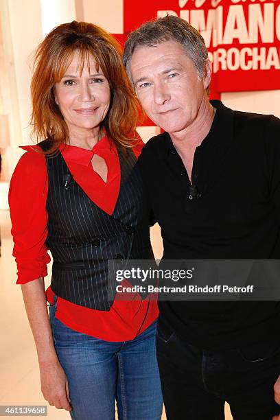 Actors Clementine Celarie and Bruno Wolkowitch present the TV Series 'Accuse' during the 'Vivement Dimanche' French TV Show at Pavillon Gabriel on...