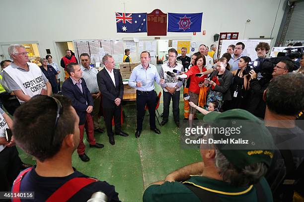 Australian Prime Minister, Tony Abbott and South Australia Premier Jay Weatherill address a group of Country Fire Service volunteer's on January 8,...