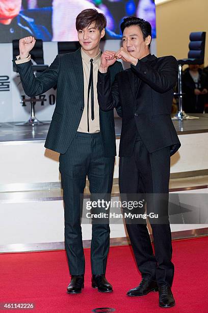 South Korean actors Lee Min-Ho and Kim Rae-Won arrive the showcase for "Gangnam Blues" at Times Square on January 6, 2015 in Seoul, South Korea. The...