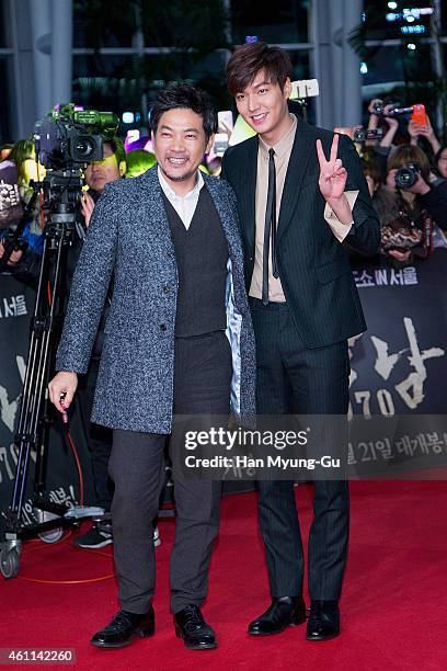 South Korean actors Jung Jin-Young and Lee Min-Hoi arrive the showcase for "Gangnam Blues" at Times Square on January 6, 2015 in Seoul, South Korea....