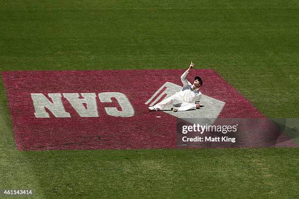 Australian captain Steve Smith looks skyward towrds spidercam after dropping a catch off Lokesh Rahul of India during day three of the Fourth Test...