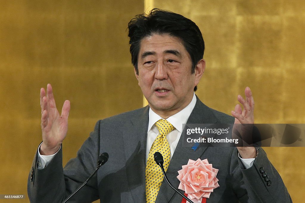 Japan Prime Minister Shinzo Abe Speaks At New Year Party Hosted By Business Lobbies