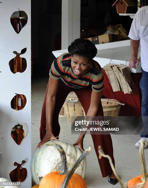 First Lady Michelle Obama picks a pumpkin at a pumpkinpatch in Hampton, Virginia, on October 19, 2011. AFP Photo/Jewel Samad