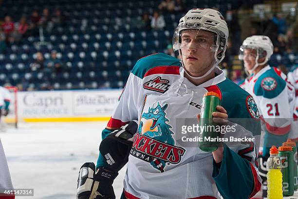 Leon Draisaitl of Kelowna Rockets stands at the bench during warm up against the Vancouver Giants on January 7, 2015 at Prospera Place in Kelowna,...