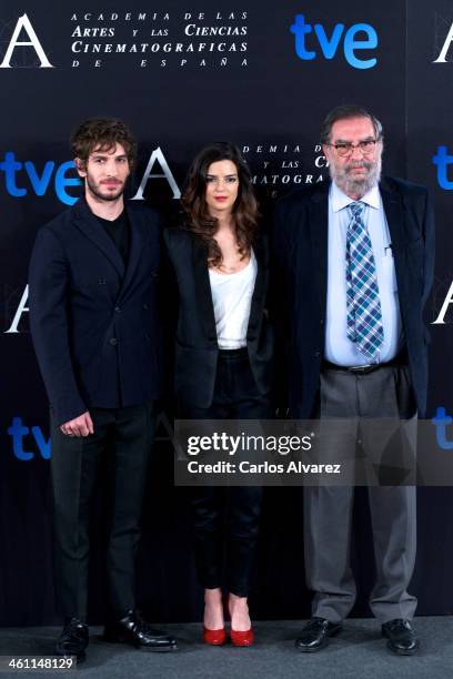 Spanish actor Quim Guitierrez, Spanish actress Clara Lago and President of Spanish Cinema Academy Enrique Gonzalez Macho attend the Goya Film Awards...