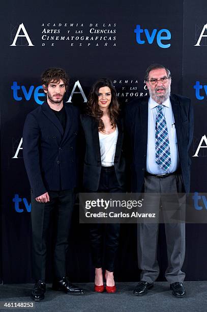 Spanish actor Quim Guitierrez, Spanish actress Clara Lago and President of Spanish Cinema Academy Enrique Gonzalez Macho attend the Goya Film Awards...