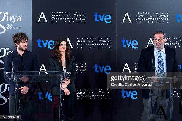 Spanish actor Quim Guitierrez, Spanish actress Clara Lago and President of Spanish Cinema Academy Enrique Gonzalez Macho attend the Goya Film Awards...
