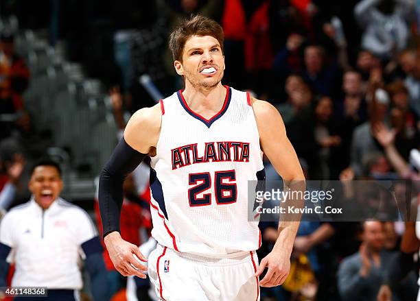 Kyle Korver of the Atlanta Hawks reacts after a three-point basket in the final minutes against the Memphis Grizzlies at Philips Arena on January 7,...
