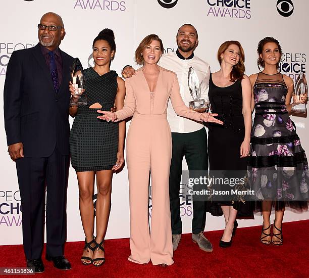 James Pickens Jr., Kelly McCreary, Ellen Pompeo, Jesse Williams, Sarah Drew and Camilla Luddington pose in the press room at The 41st Annual People's...