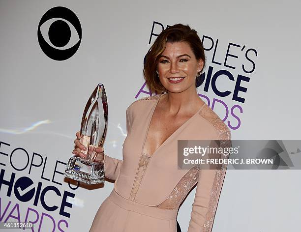 Actress Ellen Pompeo poses in the press room during The 41st Annual People's Choice Awards at the Nokia Theatre LA Live in Los Angeles, California on...