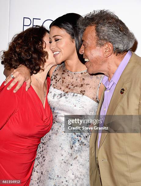 Magali Rodriguez, actress Gina Rodriguez and boxing referee Genaro Rodriguez pose in the press room at the 41st Annual People's Choice Awards at...