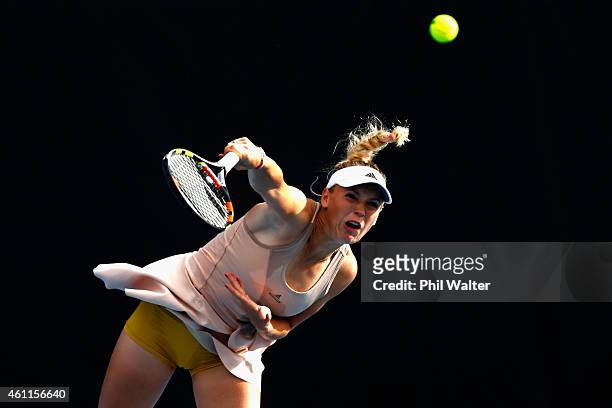 Caroline Wozniacki of Denmark serves in her quarter final match against Julia Goerges of Germany during day four of the 2015 ASB Classic at ASB...