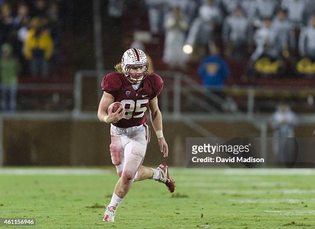 Fullback Ryan Hewitt of the Stanford Cardinal runs with the ball during a PAC-12 NCAA football game against the California Golden Bears played on...