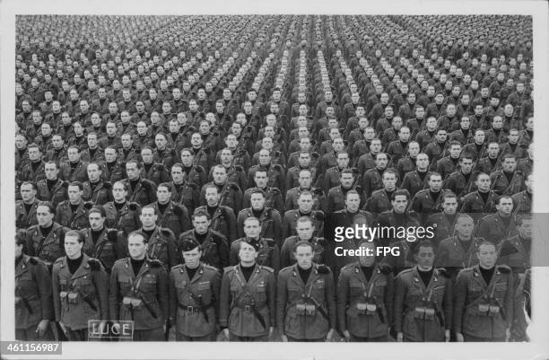 Italian Blackshirts, or fascist paramilitary squad, in military formation during World War Two, Italy, circa 1939-1945.