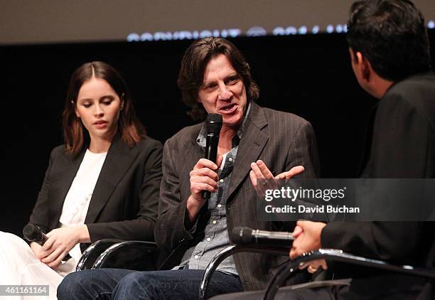 Actress Felicity Jones, director James Marsh and MoMA Chief Curator of Film Rajendra Roy attend The Contenders Screening and Q&A of "The Theory of...