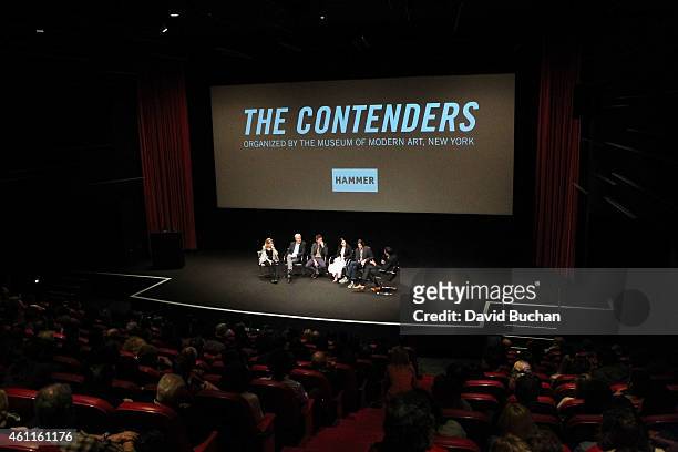 Producer Lisa Bruce, screenwriter and producer Anthony McCarten, actor Eddie Redmayne, actress Felicity Jones, director James Marsh and MoMA Chief...