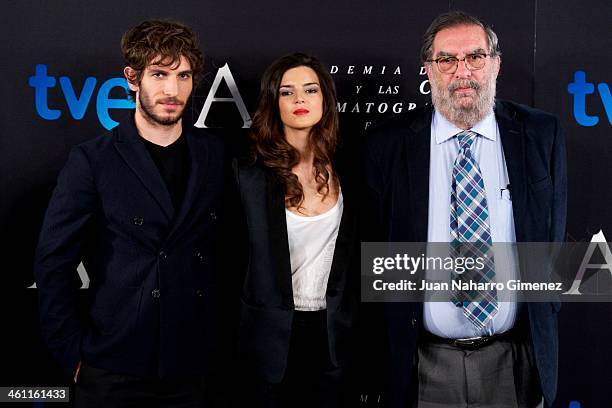 Spanish actress Clara Lago, Quim Gutierrez and President of Spanish Cinema Academy Enrique Gonzalez Macho attend the Goya Film Awards 2014 Candidates...