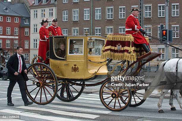 Queen Margrethe of Denmark and Prince Henrik of Denmark depart in the Golden Carriage from the New Year's Levee held by Queen Margrethe of Denmark...