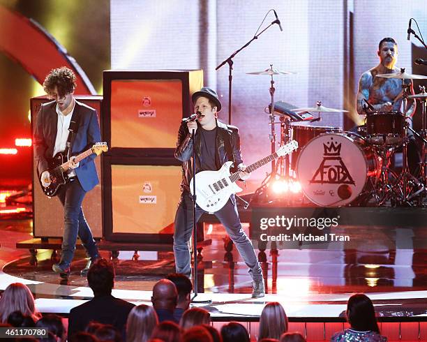 Joe Trohman, Andy Hurley, Patrick Stump and Pete Wentz of Fall Out Boy perform onstage during The 41st Annual People's Choice Awards held at Nokia...