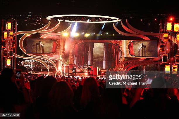 Joe Trohman, Andy Hurley, Patrick Stump and Pete Wentz of Fall Out Boy perform onstage during The 41st Annual People's Choice Awards held at Nokia...
