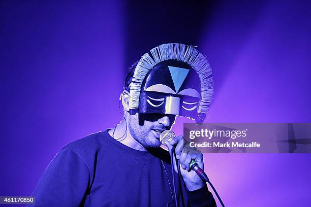 Aaron Jerome of SBTRKT performs live for fans at Enmore Theatre on January 8, 2015 in Sydney, Australia.