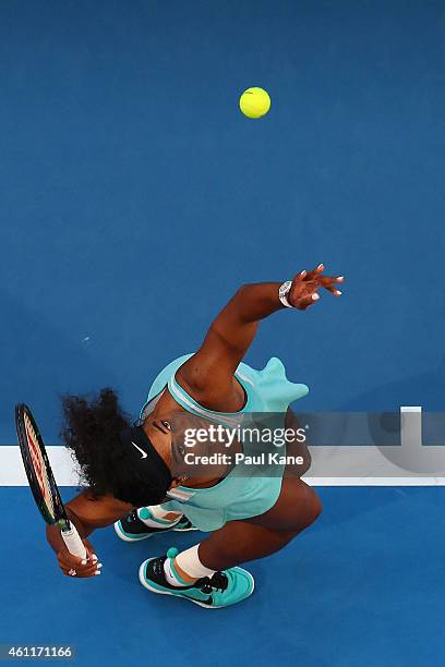 Serena Williams of the United States serves in her singles match against Lucie Safarova of the Czech Republic during day five of the 2015 Hopman Cup...