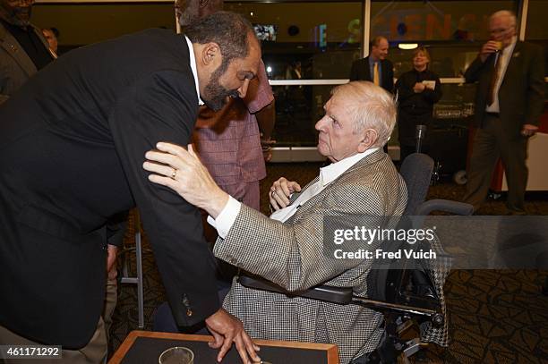 Steelers' Super Bowl Reunion: View of former Pittsburgh Steelers player Franco Harris with former defensive line coach George Perles before...