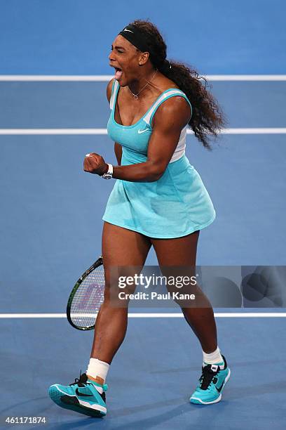 Serena Williams of the United States celebrates winning a set in her singles match against Lucie Safarova of the Czech Republic during day five of...