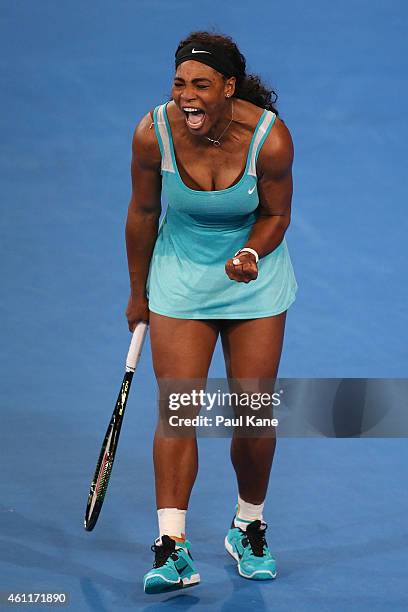 Serena Williams of the United States celebrates winning a game in her singles match against Lucie Safarova of the Czech Republic during day five of...