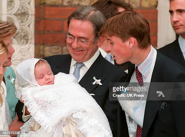 Godparent Prince William, and King Constantine of Greece, with his grandchild, Prince Konstantine Alexios, at his Christening, at The Greek Cathedral...
