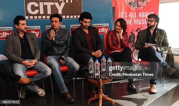 Bollywood producer Sanjay Kapoor with actors Manoj Bajpai, Arjun Kapoor and Sonakshi Sinha and director Amit Sharma during an exclusive interview for...