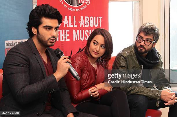 Bollywood actors Arjun Kapoor and Sonakshi Sinha with director Amit Sharma during an exclusive interview for their upcoming movie Tevar at HT Media...