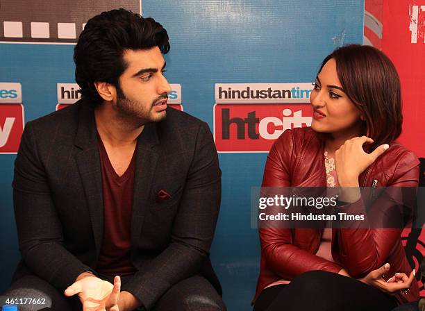 Bollywood actors Arjun Kapoor and Sonakshi Sinha during an exclusive interview for their upcoming movie Tevar at HT Media Office on January 05 New...