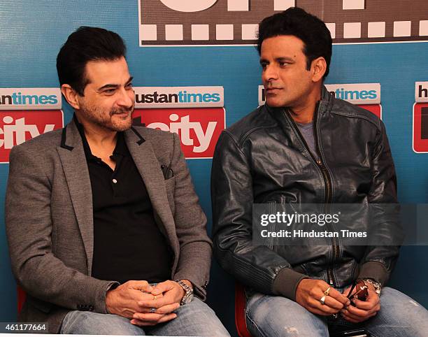 Bollywood producer Sanjay Kapoor with actors Manoj Bajpai and Arjun Kapoor during an exclusive interview for their upcoming movie Tevar at HT Media...