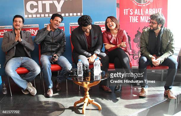 Bollywood producer Sanjay Kapoor with actors Manoj Bajpai, Arjun Kapoor and Sonakshi Sinha and director Amit Sharma during an exclusive interview for...