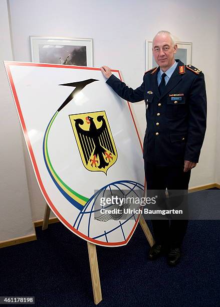 General Major Dr. Ansgar Rieks, chief of the German Military Aviation Authority, standing at the logo of the Aviation Authority, on January 08, 2015...