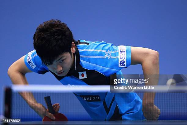 Yuto Muramatsu of Japan in action against Hung-Chieh Chiang of Chinese Taipai during day one of the ITTF World Team Cup at the Al Nasr Sports Club on...