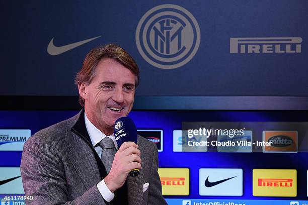 Head coach Roberto Mancini speaks to the media during a press conference at Appiano Gentile on January 8, 2015 in Como, Italy.