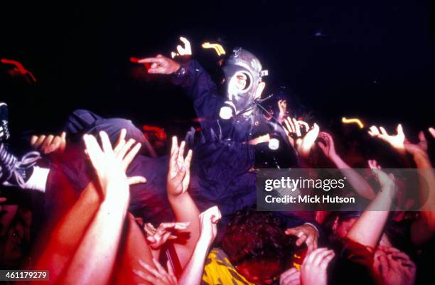 The band Slipknot on stage at Brixton Academy, London, 2000.