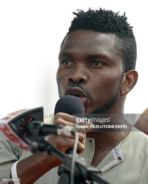 Former skipper of Nigerian national football team Joseph Yobo speaks to support Nigerian President and Presidential candidate of the ruling People's...