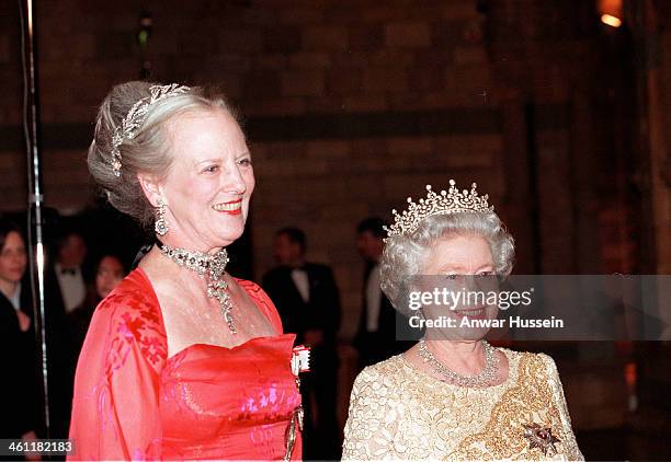 Queen Elizabeth II and Danish Queen Margrethe of Denmark attend a reception at the Natural History Museum on February 17, 2000 in London, England .