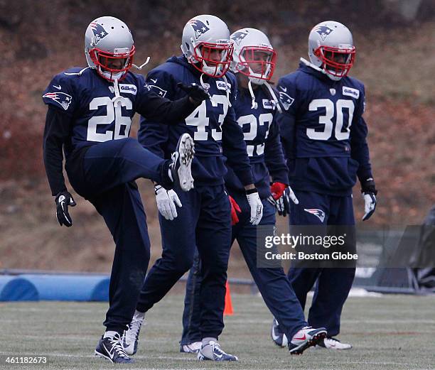 From left to right: New England Patriots cornerback Logan Ryan, defensive back Nate Ebner, cornerback Marquice Cole, and defensive back Duron Harmon...