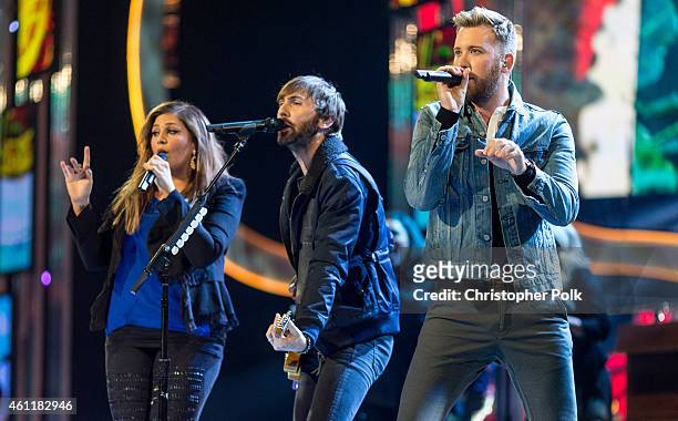Recording artists Hillary Scott, Dave Haywood and Charles Kelley of music group Lady Antebellum perform onstage during The 41st Annual People's...
