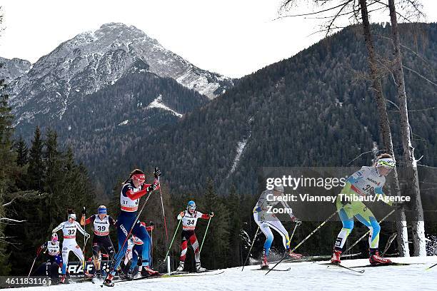 Kikkan Randall of the USA competes during the FIS Cross-Country World Cup Men's and Women's Pursuit on January 08, 2015 in Toblach, Italy.