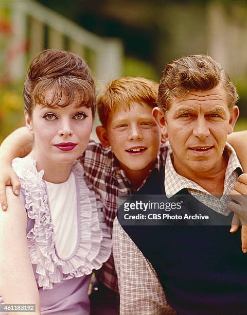 The Andy Griffith Show featuring Aneta Corsaut as Helen Crump, Ron Howard as Opie Taylor and Andy Griffith as Sheriff Andy Taylor. Image dated August...