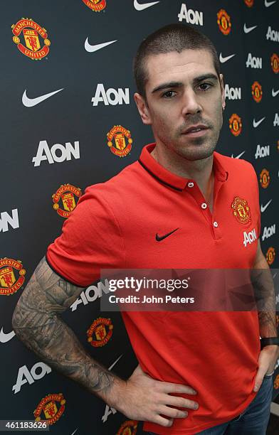 Victor Valdes of Manchester United poses after signing for the club at Aon Training Complex on January 8, 2015 in Manchester, England.