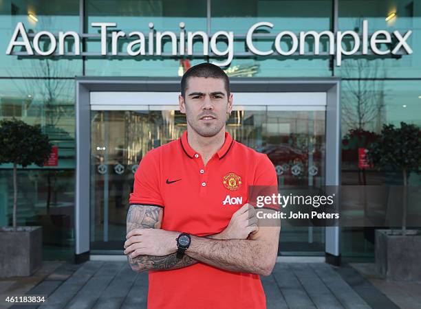 Victor Valdes of Manchester United poses after signing for the club at Aon Training Complex on January 8, 2015 in Manchester, England.