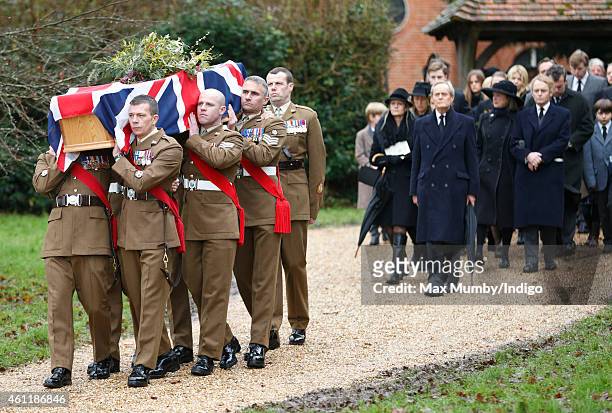 Charles Wellesley, 9th Duke of Wellington and other family members follow soldiers of the 1st Battalion The Yorkshire Regiment carrying the coffin...